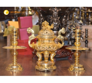 Bộ đỉnh đồng song long chầu nguyệt dát vàng 24k cao 60cm