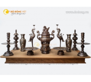 Bộ đỉnh đồng thờ cúng khảm ngũ sắc 5 chữ vàng cao 70cm