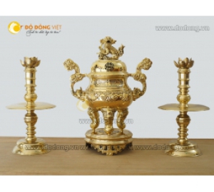Bộ đỉnh đồng thờ cúng tam sự chạm sòi trơn cao 50cm