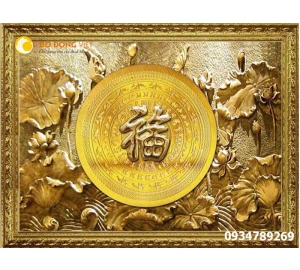 Tranh Sen mặt trống đồng chạm chữ Phúc