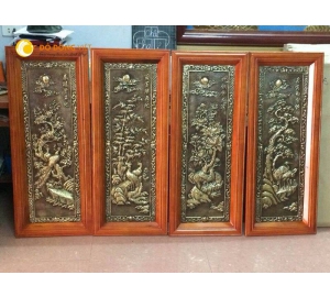 Tranh tứ quý bằng đồng khung gỗ giả cổ kt 40x110