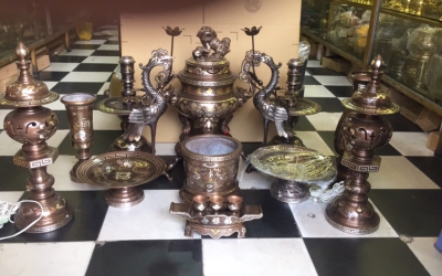 Bộ đỉnh đồng ngũ sự khảm ngũ sắc cao cấp đẹp tinh xảo cho bàn thờ gia tiên