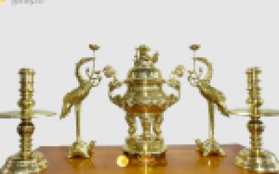 Bộ đỉnh đồng vàng bóng hoa sòi tai mây 3 chữ phúc lộc thọ KT 50cm Đồ đồng Việt