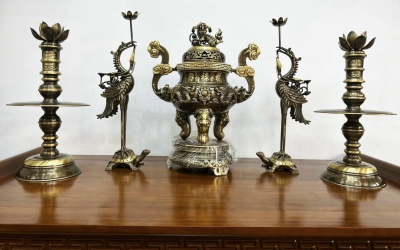 Bộ đỉnh đồng ngũ sự song long chầu nguyệt giá rẻ tại Đồ đồng Việt